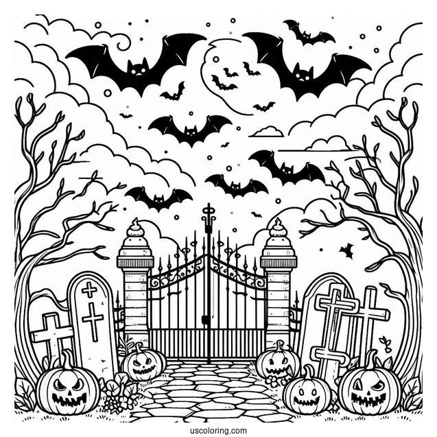 Halloween Graveyard With Bats Coloring Page In The Sky