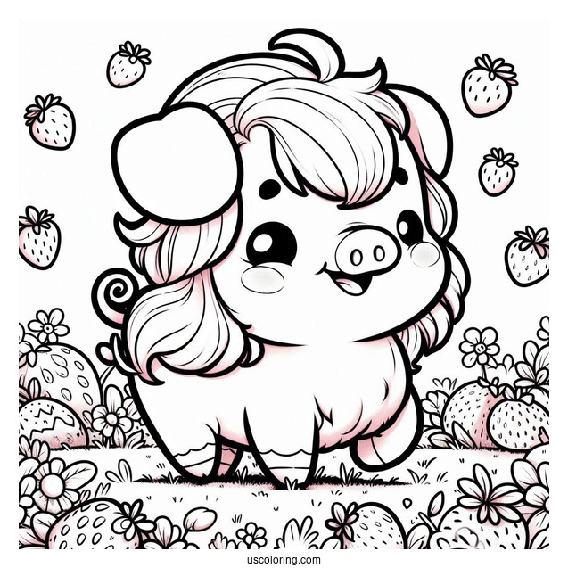 Kawaii Themed Pig In Field Of Strawberries