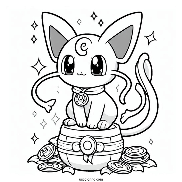 Mew Coloring Page Holding Koban Lucky Gold Coin