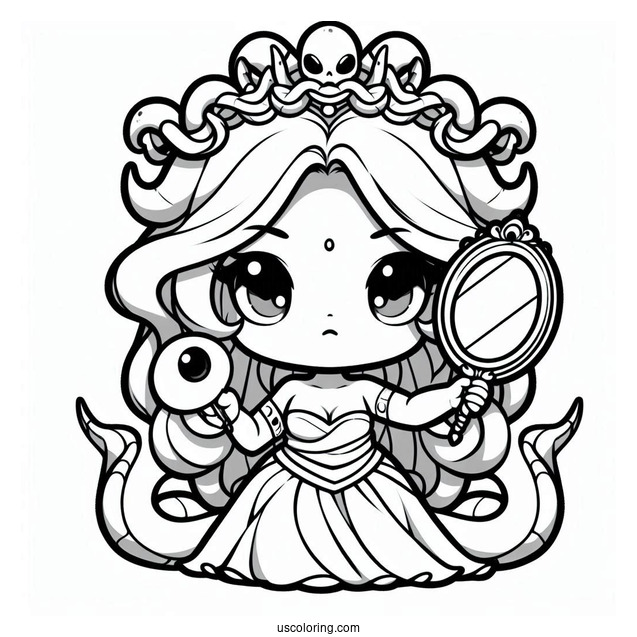 Chibi Medusa Coloring Page Holding Mirror For Kids