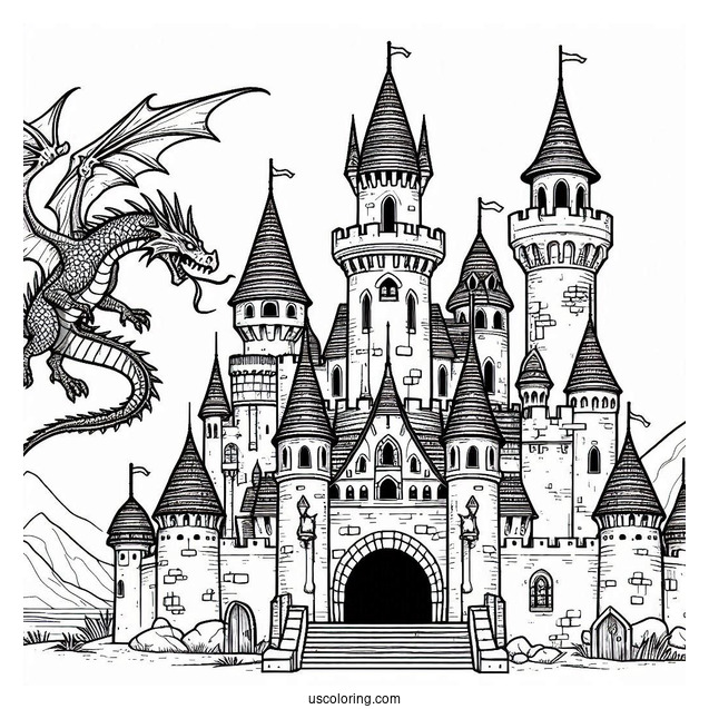 Middle Ages Castle Coloring Page With Dragon