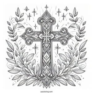 Fantasy Cross Coloring Page Framed With Lovely Leaves