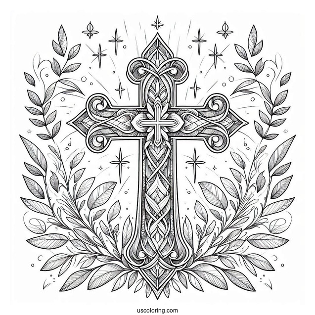 Fantasy Cross Coloring Page Framed With Lovely Leaves