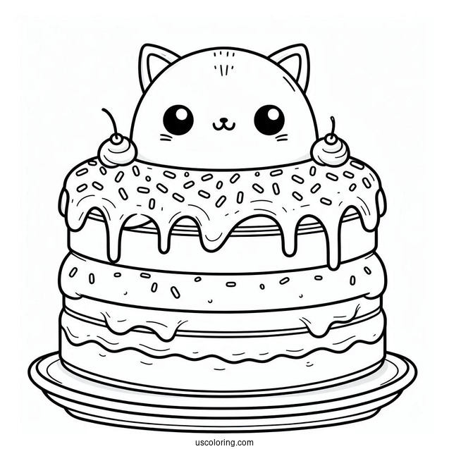 Cute Two-Layered Donut Cake With Cat Topper Coloring In