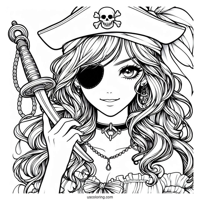 Female Pirate Coloring Page With Eyepatch, Sword, And Hook