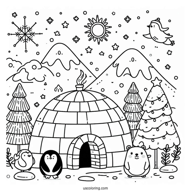 Igloo, Penguins, And Polar Bears In The North Pole Coloring Page For Preschoolers