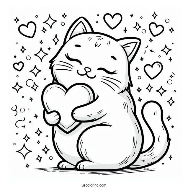 Cat Embracing Heart Coloring In
