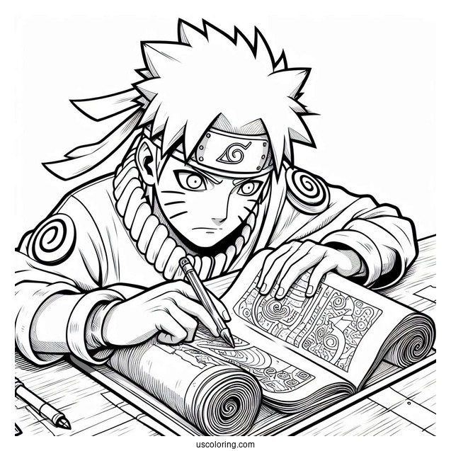 Detailed Naruto Coloring Page Studying Scroll