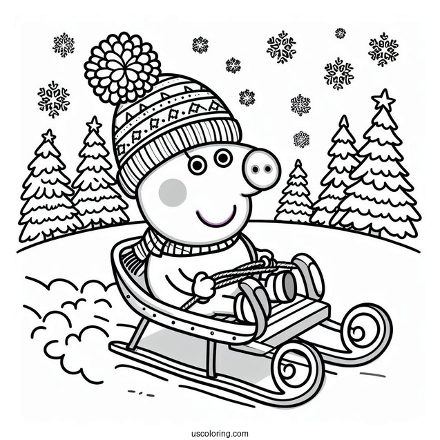 George Pig Riding Sleigh In Winter To Color