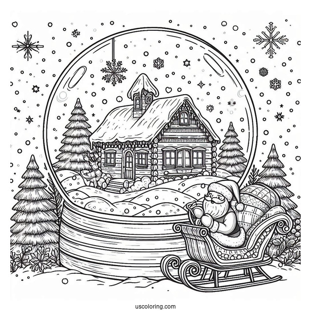 Snow Globe Coloring Page With Winter Cottage And Santa On A Sleigh
