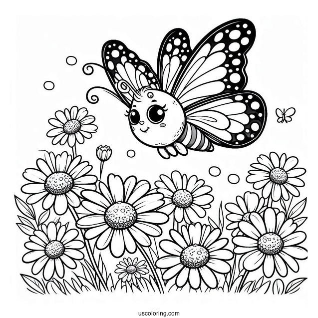 Cartoon Butterfly Hovering Above Daisies In Spring Coloring Page
