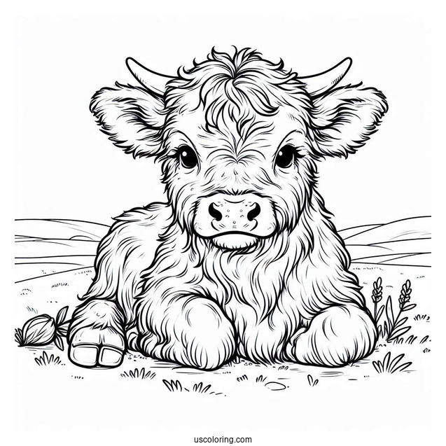 Baby Highland Cow Resting In Field Coloring In