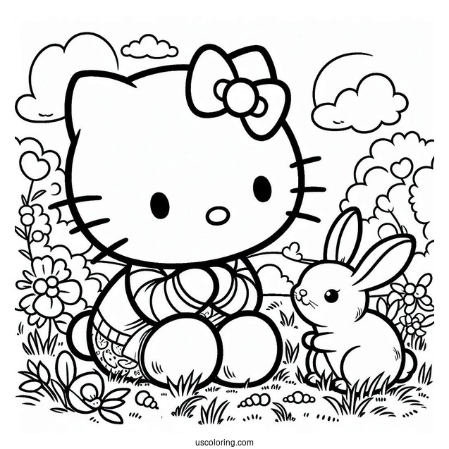 Hello Kitty Sitting On The Grass With A Rabbit Coloring Page For Kids