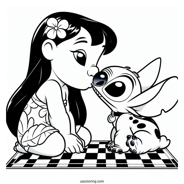 Lilo Kissing Stitch On The Check Coloring Page