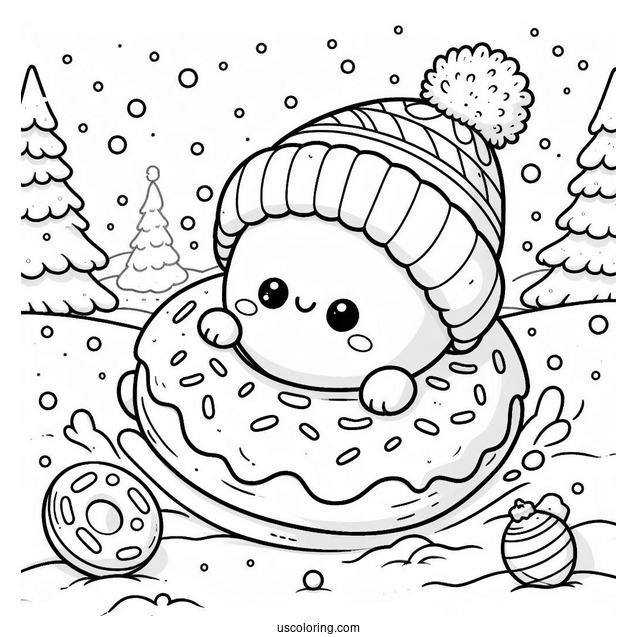 Baby Donut Coloring Page Playing In The Snow On Christmas