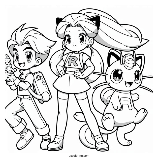 Team Rocket Jessie, James, and Meowth Coloring Page