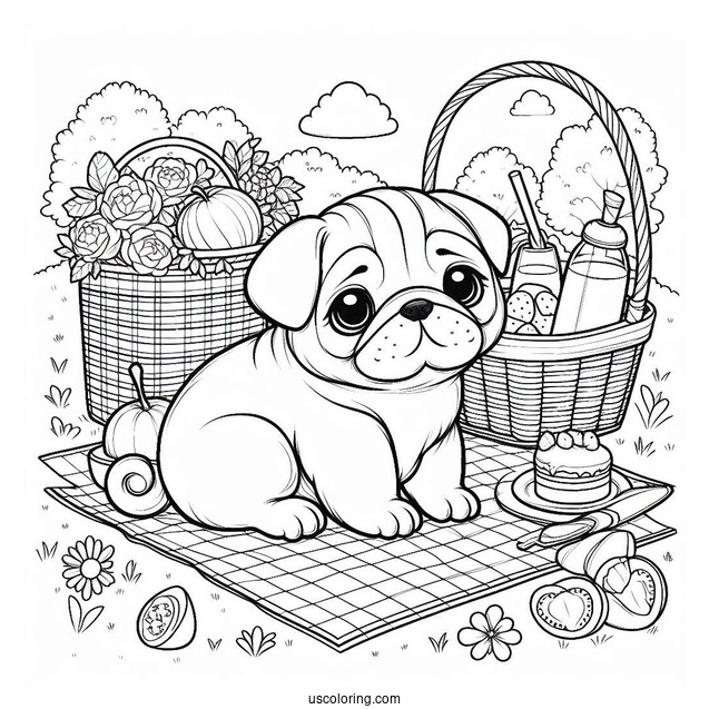 Peaceful Picnic with Pug Coloring Page Of Puppy