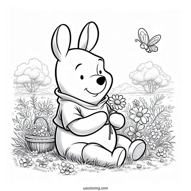 Winnie The Pooh Sitting On A Flower Field With A Rabbit Coloring Page