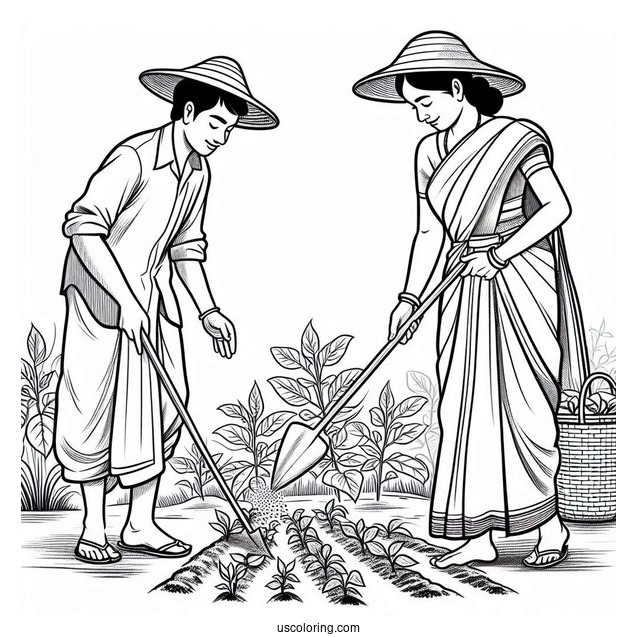 Two Farmers Planting Crops To Color
