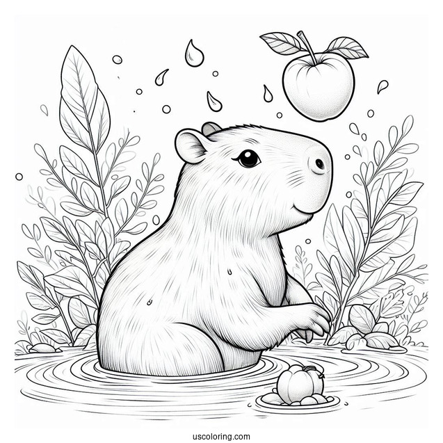 Capybara Coloring Page In The Water Balancing A Fruit On Its Head