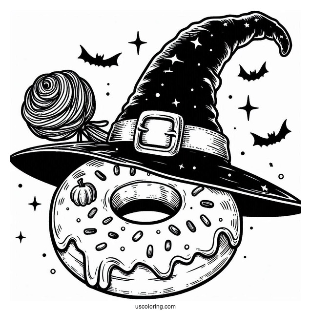 Donut Coloring Page Wearing A Witch's Hat On Halloween