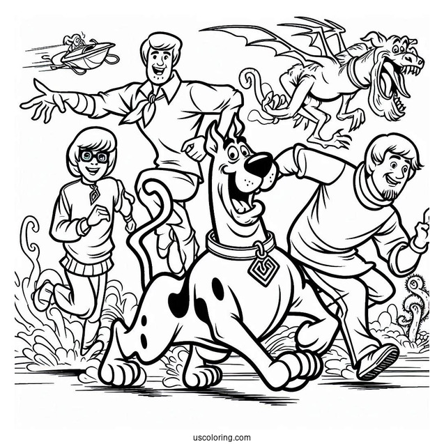 Scooby-Doo Gang Being Chased By Monster To Color