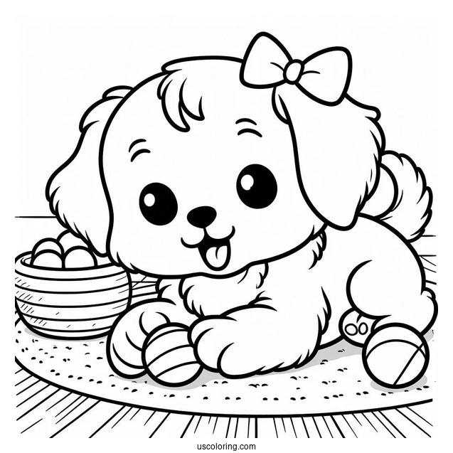 Easy Outline Of Puppy Playing Indoors Coloring Sheet