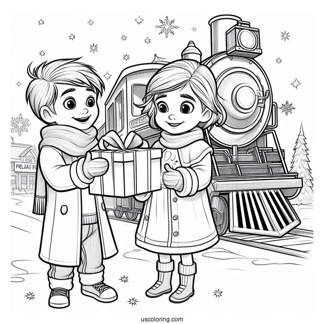 Polar Express Coloring Page Of Hero Boy And Sister Opening A Present