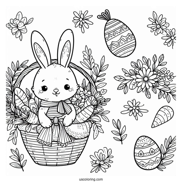 Lovely Easter Coloring Page Of Bunny With A Basket Of Carrots