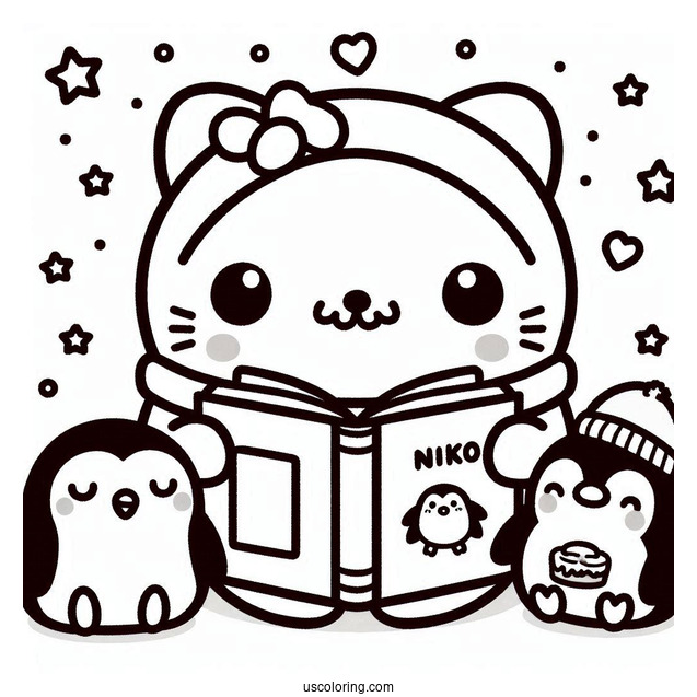 Sumikko Gurashi Coloring Page Of Tonkatsu, Penguin, Niko, And Polari Reading With Minnikos