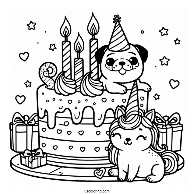 Unicorn Pug Themed Birthday Cake To Color