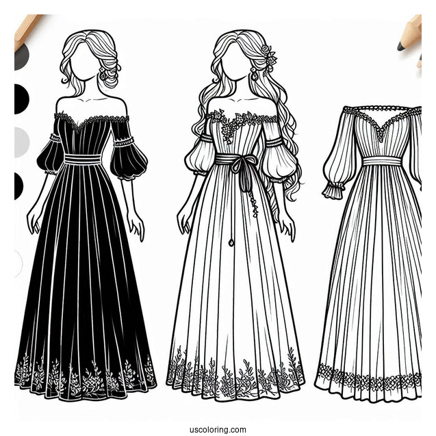 Off Shoulder Long Dress Coloring Page For Kids