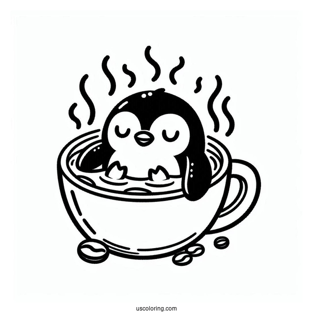 Penguin Bathing In Hot Coffee Coloring Page