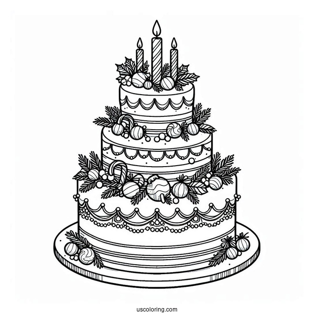 Detailed Christmas Tiered Cake Coloring Page