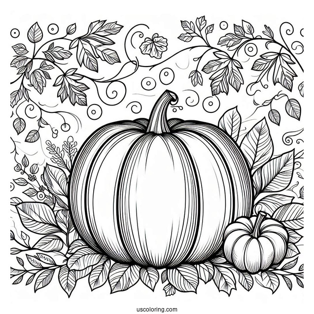 Pumpkin Coloring Page With Vines And Fall Leaves