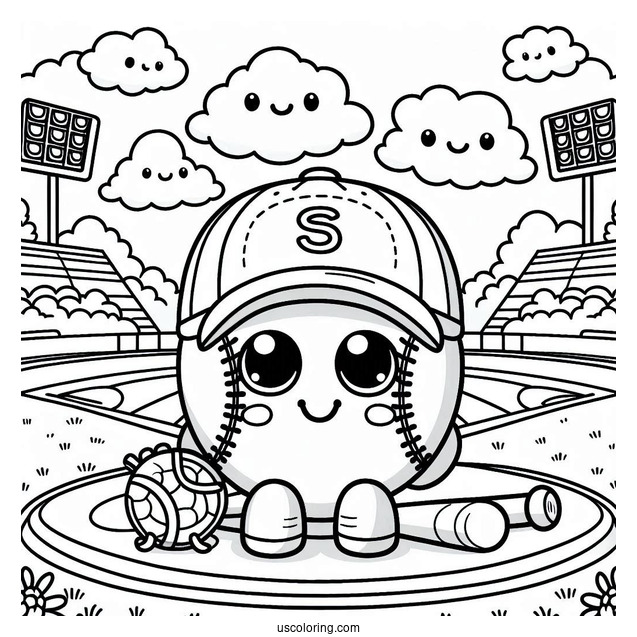Smiling Baseball Coloring Page at the Ballpark