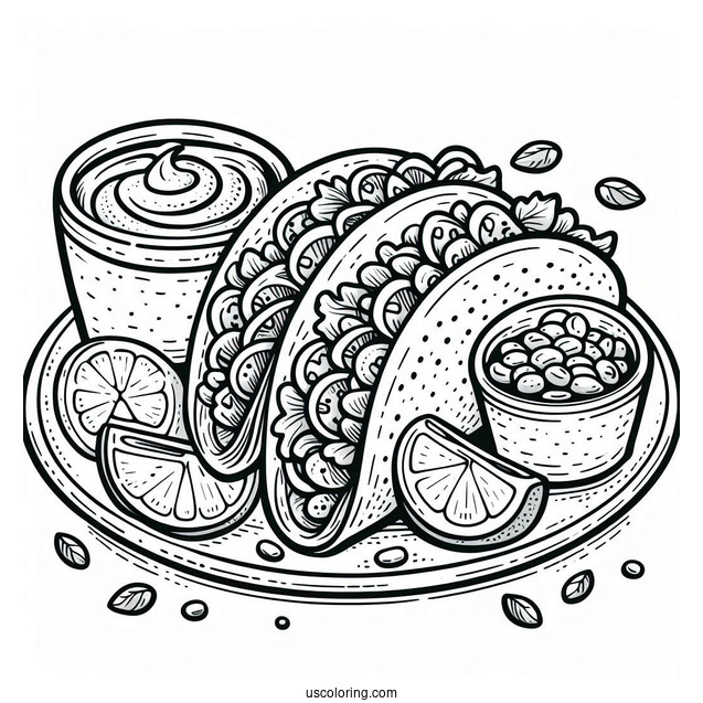 Taco Coloring Page On A Plate With Salsa