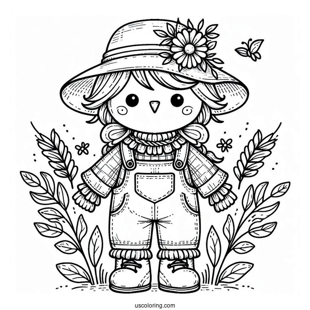 Cute Scarecrow Coloring Page With Hat And Overalls For Kids