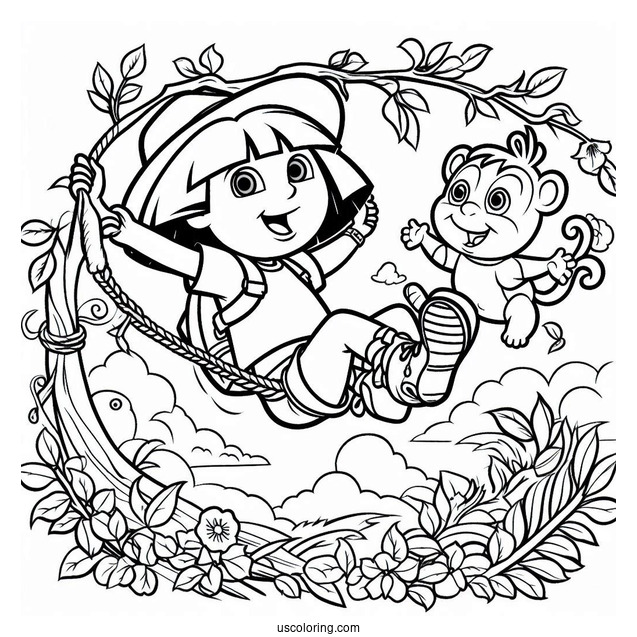 Dora And Boots Swinging From Vine With Swiper_