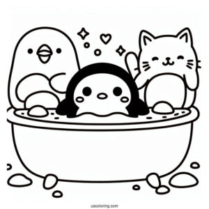 Sumikko Gurashi Coloring Page Of Penguin, Shirokuma, Neko, And Tonkatsu In Bath