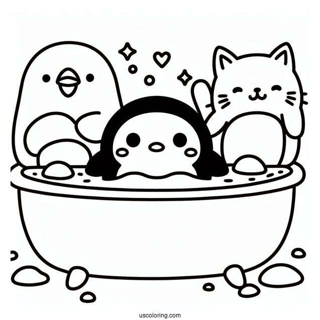 Sumikko Gurashi Coloring Page Of Penguin, Shirokuma, Neko, And Tonkatsu In Bath