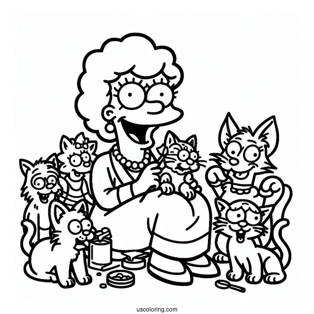 Simpsons Coloring Pages Of Crazy Cat Lady With Her Kittens