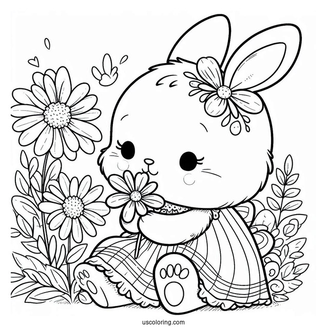 Simple Easter Coloring Page Of Bunny In A Dress Sniffing A Flower For Preschoolers