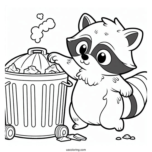 Raccoon Coloring Page Pushing A Garbage Bin