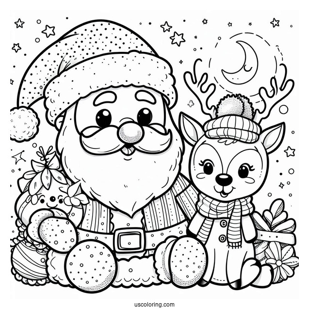 Santa With Rudolph And Snowman To Color