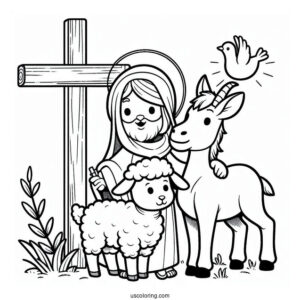 Goat, Lamb, And Donkey Under A Wooden Cross Coloring Page For Kids