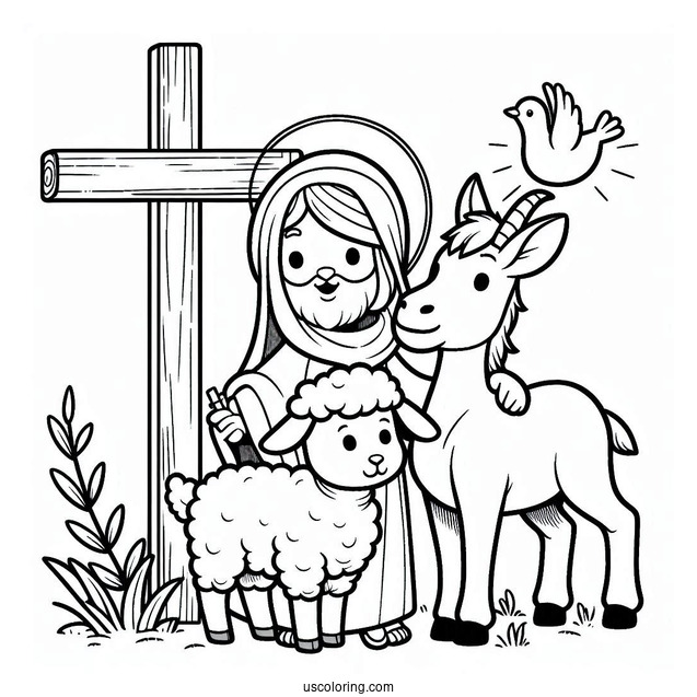 Goat, Lamb, And Donkey Under A Wooden Cross Coloring Page For Kids