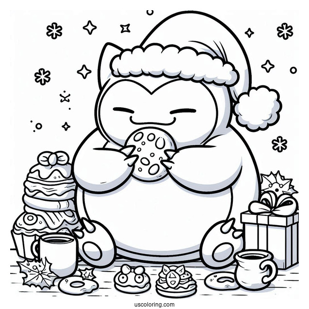 Pokemon Christmas Coloring Page Happy Snorlax Eating Christmas Cookies