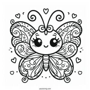 Smiling Cartoon Butterfly Coloring Page With Curly Antennae For Kids