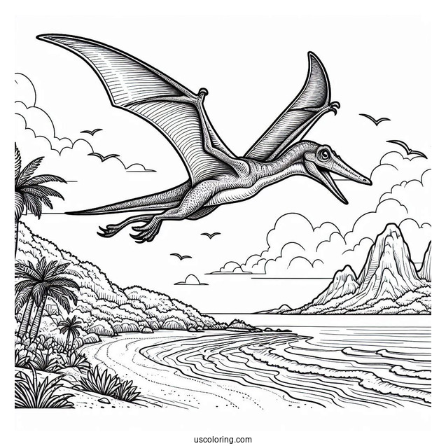 Detailed Pterodactyl Coloring Page Flying Over Island